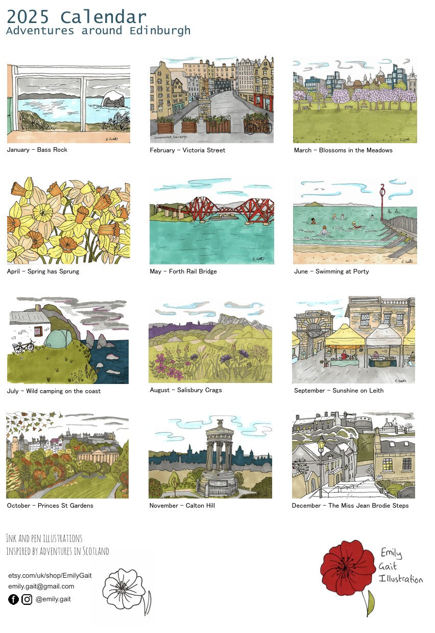 2025 Calendar - A4 wall calendar with illustrations of Edinburgh. 12 month.