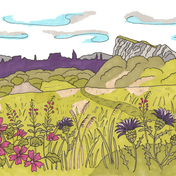 Close-up of square coaster of Salisbury Crags in Edinburgh.