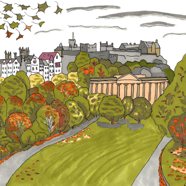 Coaster of Edinburgh in Autumn within Princes Street Park with a number of trees turning orange and red and with the Edinburgh Castle in the background.
