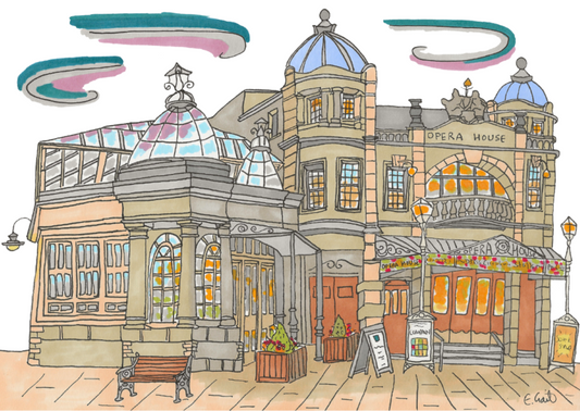 Colorful illustration of Buxton opera house in the Peak District with architectural details