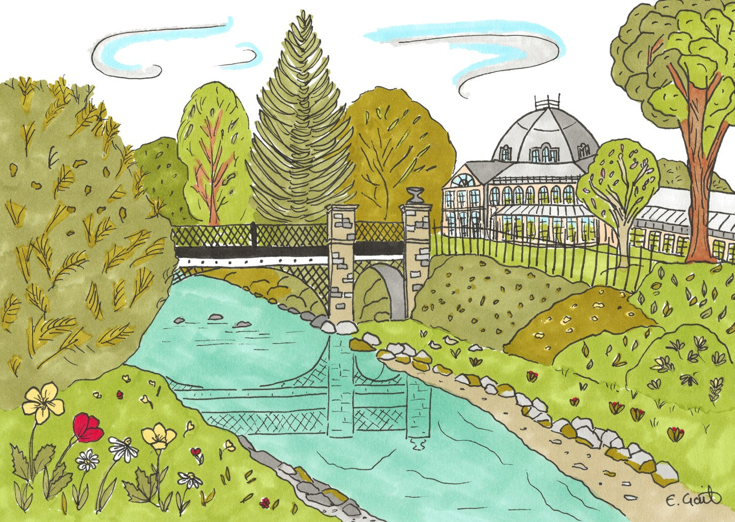 Illustration of a park with trees, a pond, and a building which is Buxton Pavilion Gardens in the High Peak.