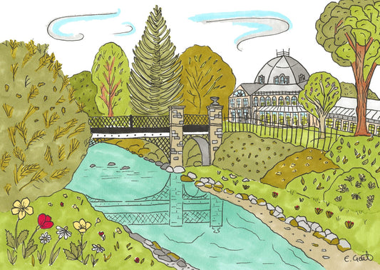 Illustration of a park with trees, a pond, and a building which is Buxton Pavilion Gardens in the High Peak.
