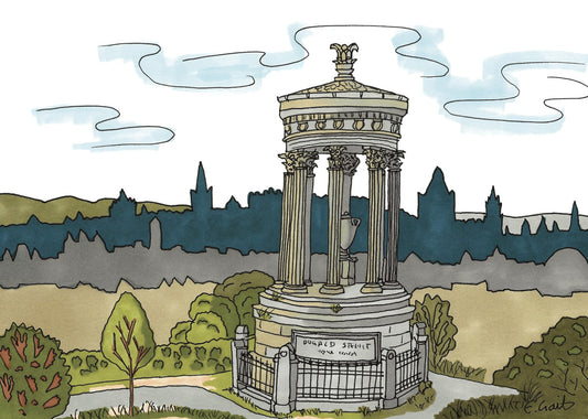 Illustration of a monument on Calton Hill in Edinburgh with the city skyline in the background.