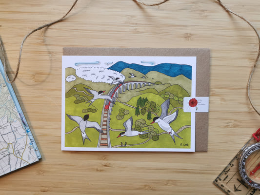 Greeting card with an illustration of Arctic terns flying over a viaduct with a steam train going over, in the highlands in Scotland.