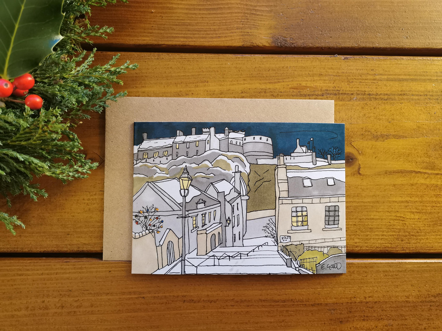 A wintery themed greeting card of the famous Jean brodie steps with Edinburgh Castle in the background.