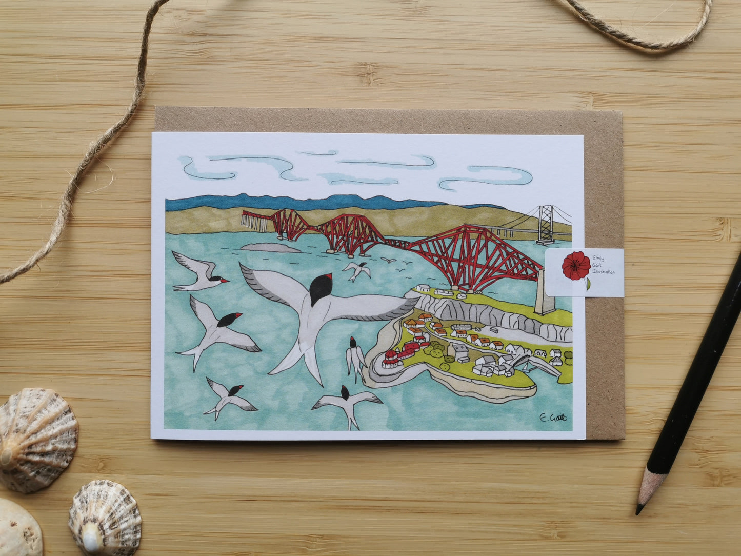 Greeting card with a scenic illustration of the Forth Rail Bridge in Scotland and Arctic Terns flying over and making their way back to the UK.