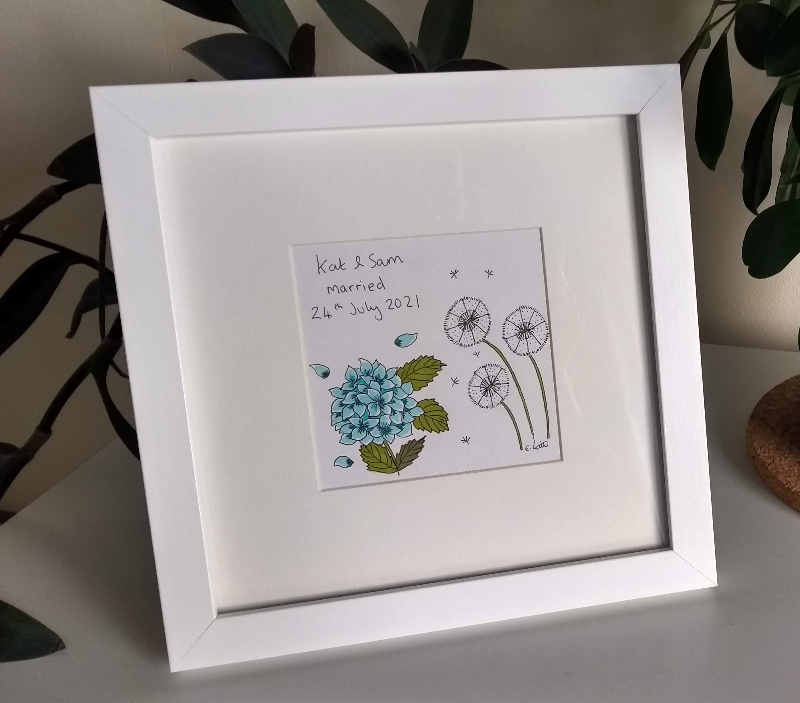 Framed artwork with floral design and text on a white background for a special occasion.
