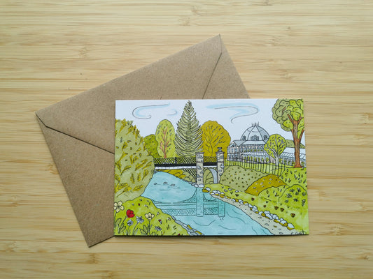 Greeting card with a scenic illustration of Buxton Pavilion Gardens in the Peak District.