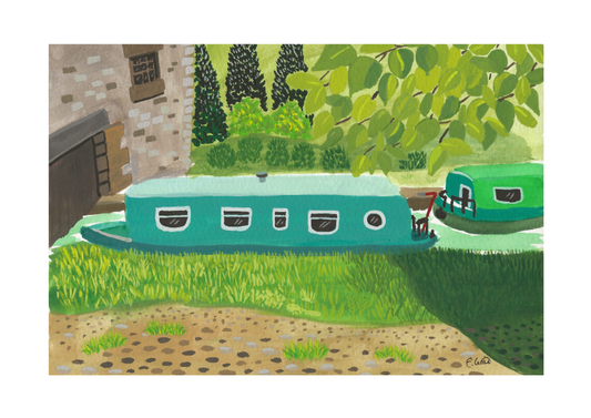 Painting of a green houseboat on a riverbank with trees and a building in the background.