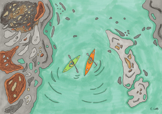 Illustration of two kayaks on a body of water with rocky shores