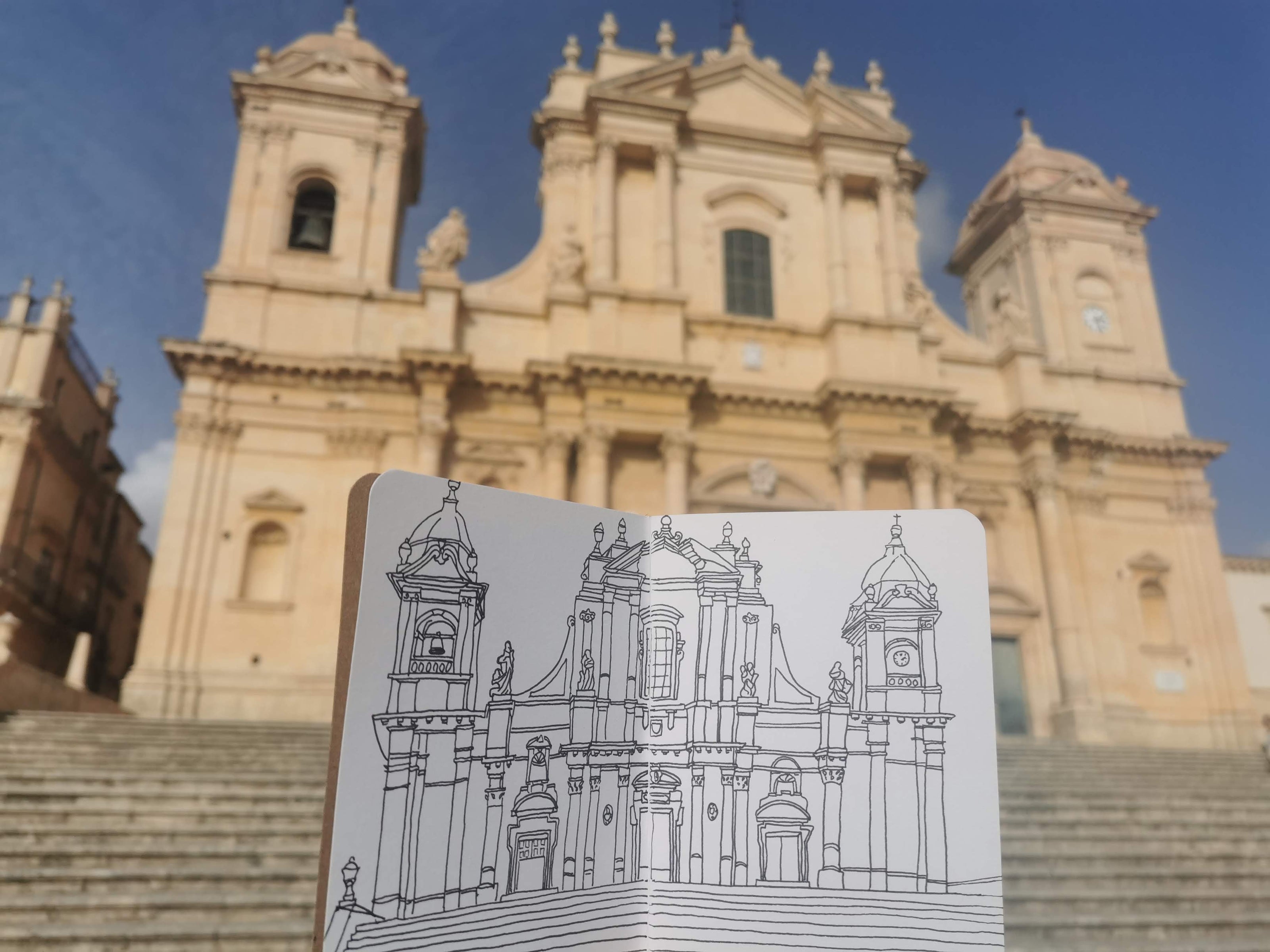Illustration of a intricate Italian church with the real building 'Piazza di Avola' in the background.