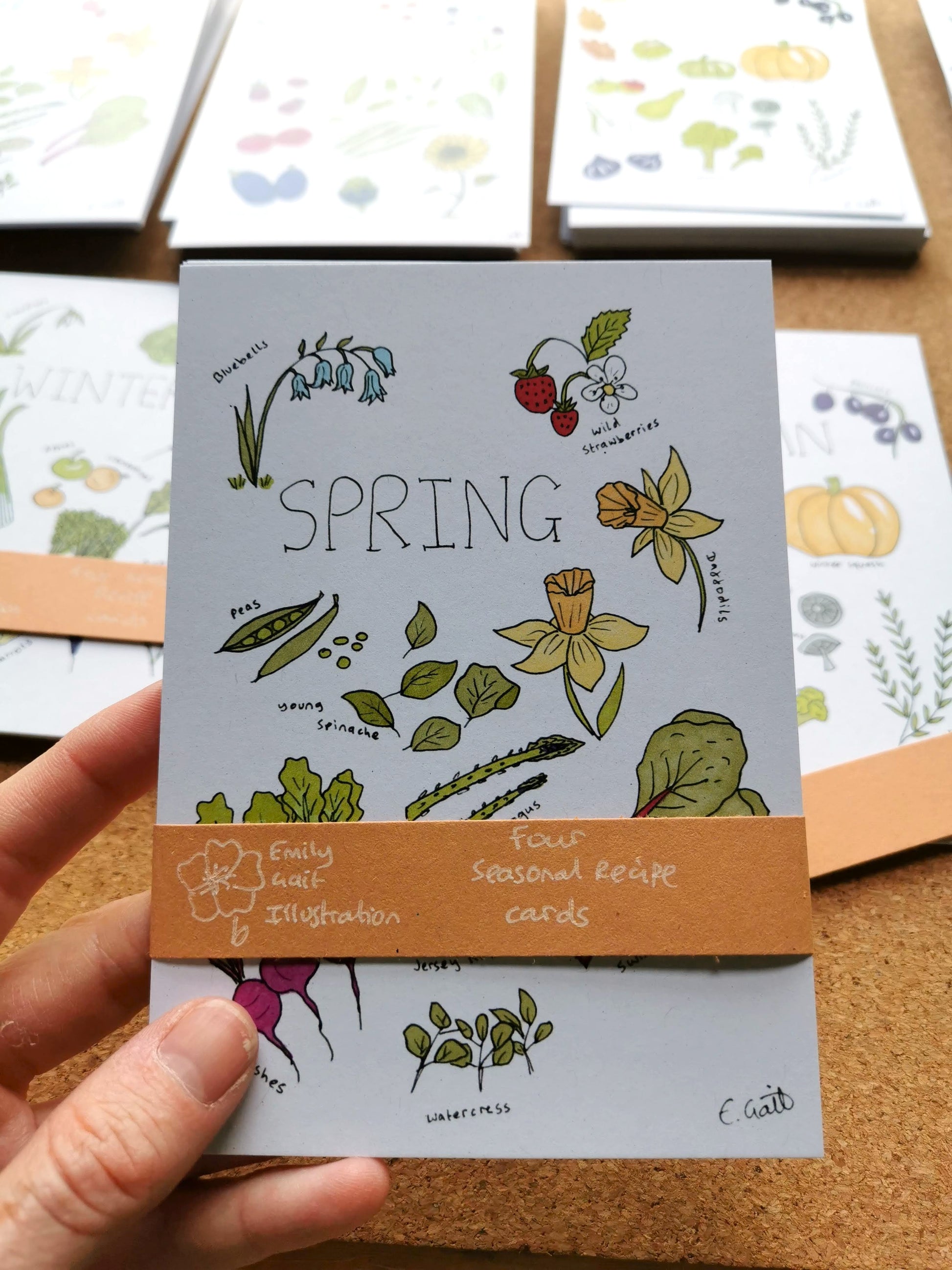 Pack of 'Spring' themed recipe cards with illustrations held by a hand.