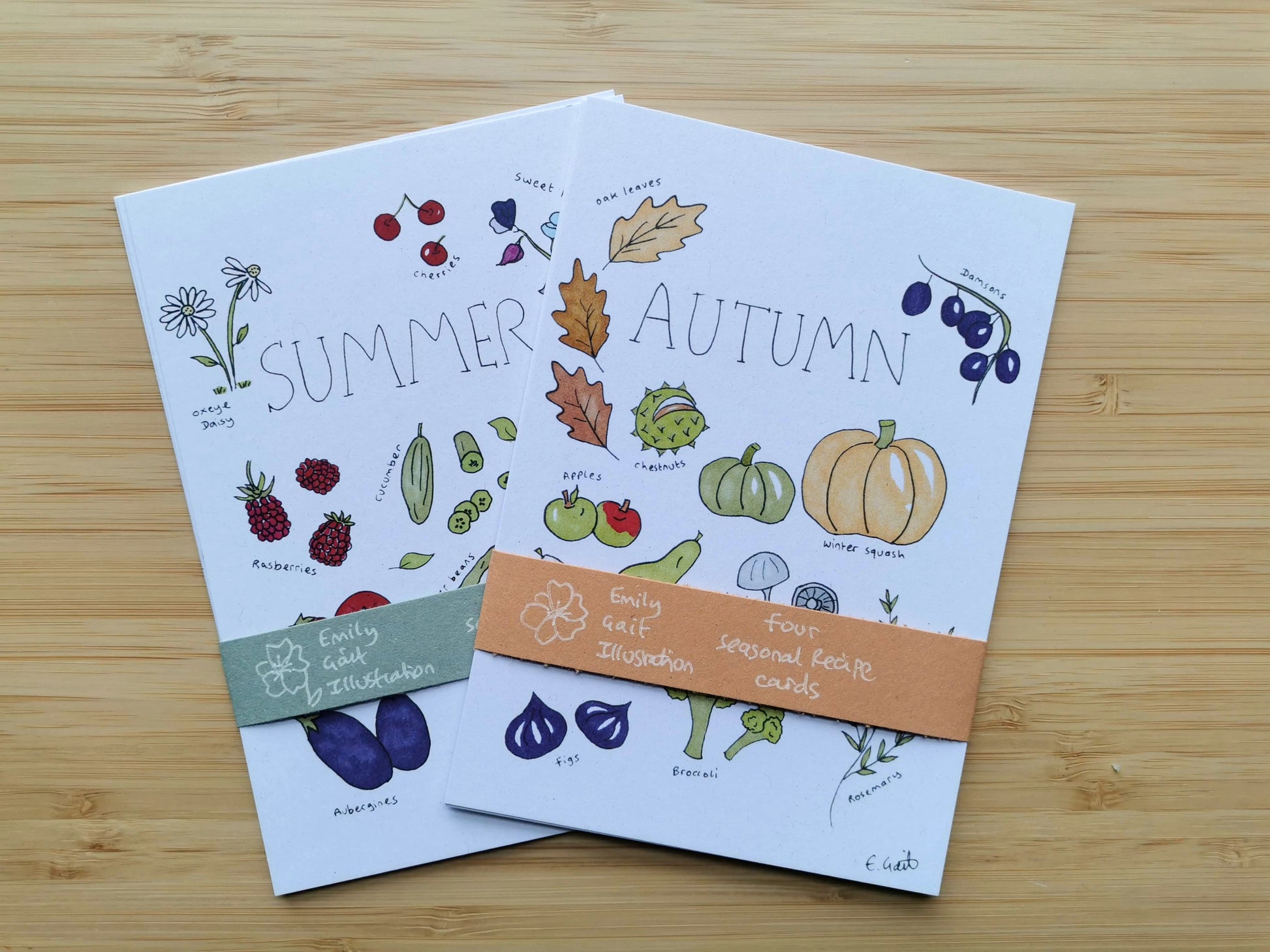 Two postcards sets titled 'Summer' and 'Autumn' with illustrations of seasonal fruit and vegetables.
