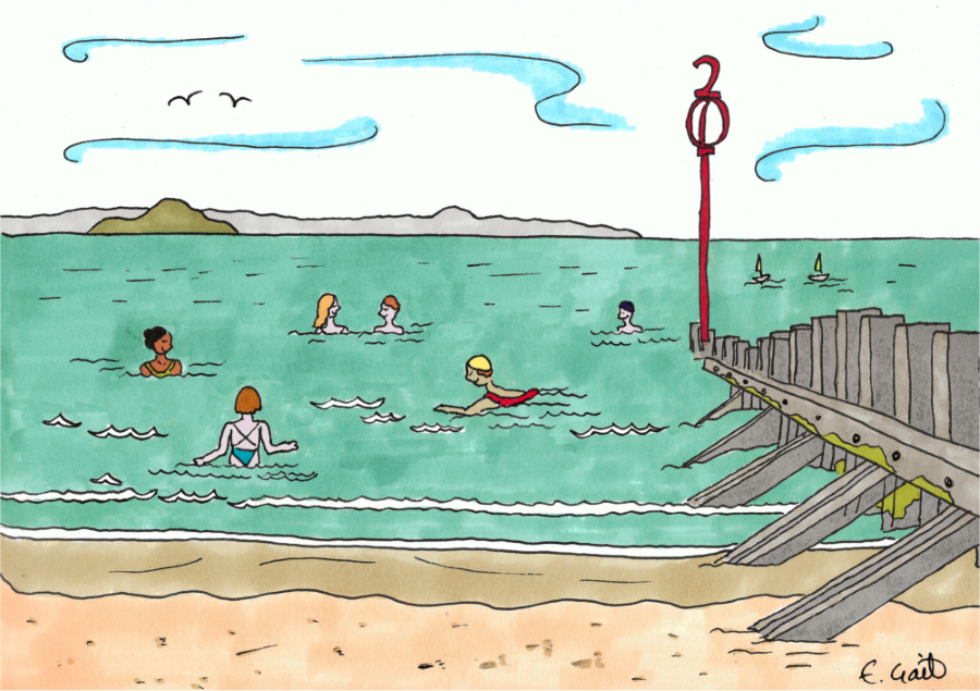 Illustratrion of a beach scene with people swimming and a pier.