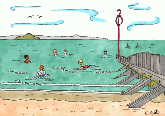 Illustratrion of a beach scene with people swimming and a pier.