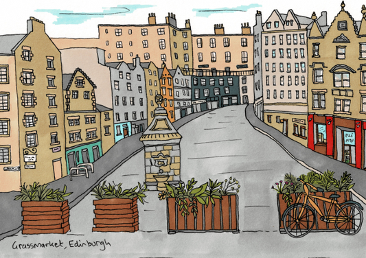 Illustration of Victoria street in Edinburgh with colorful buildings and plants.