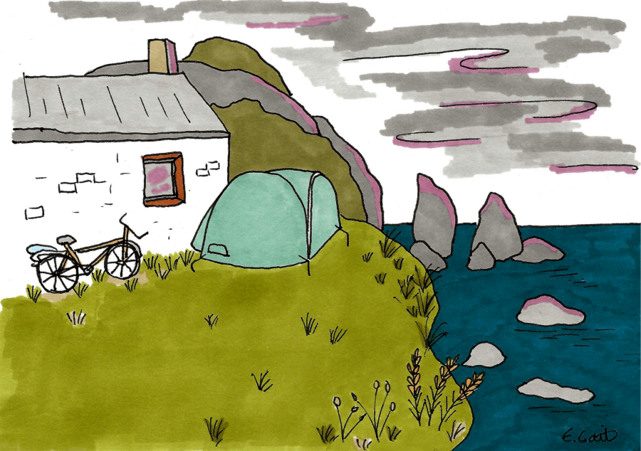 illustration of a cottage with a tent, bicycle, and landscape with the sea in the background.