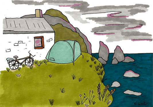 illustration of a cottage with a tent, bicycle, and landscape with the sea in the background.